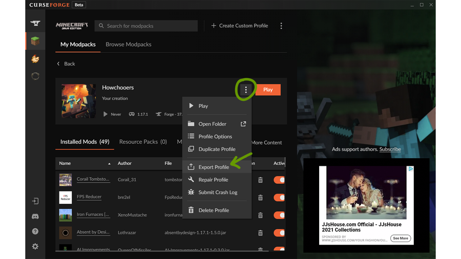 Exporting a Modpack for CurseForge Project Submission: CurseForge support