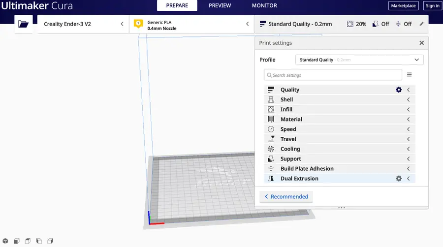 print settings in cura for ender 3 v2